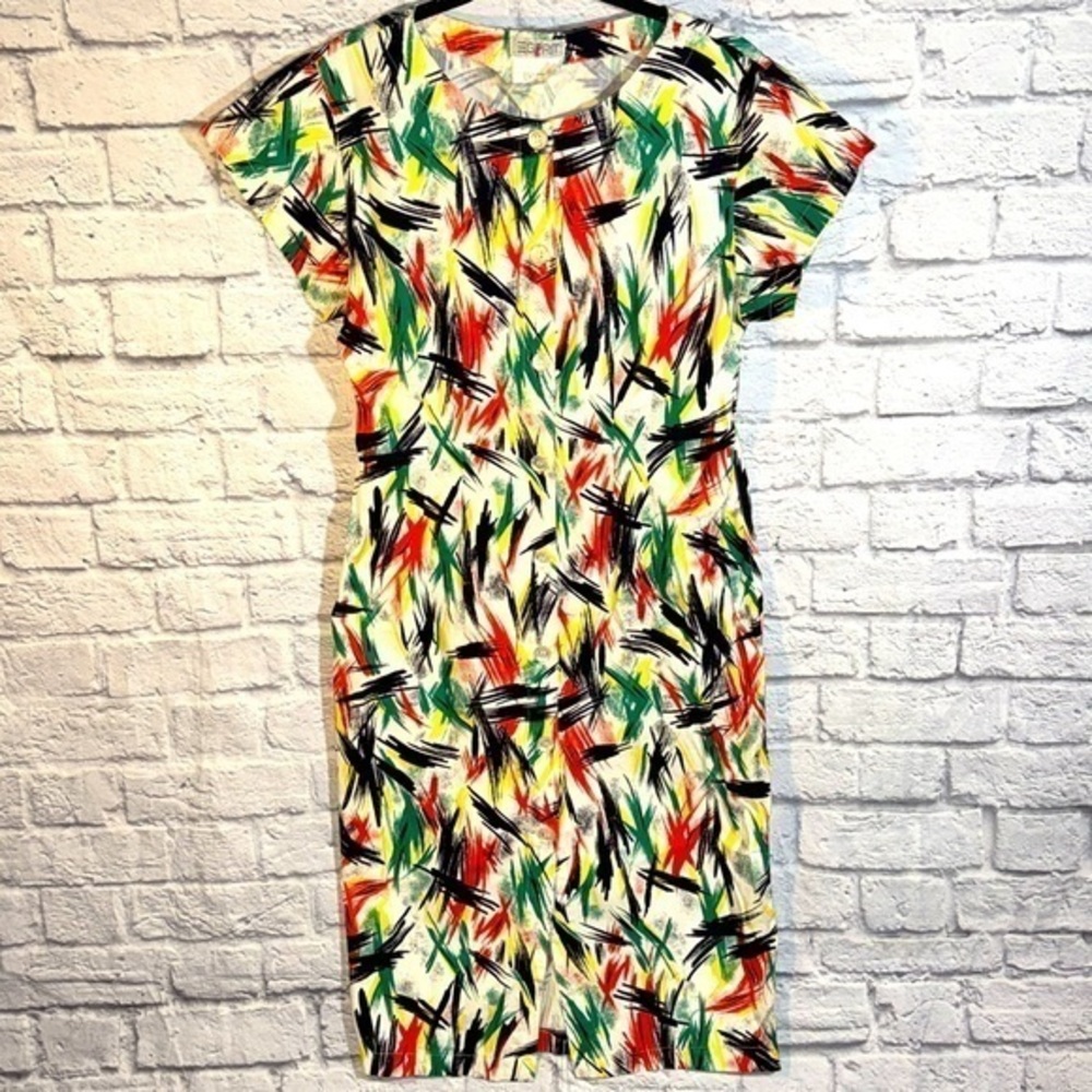 Vintage Espirit Button Down Colorful Streaks Business Casual Retro Mini Dress